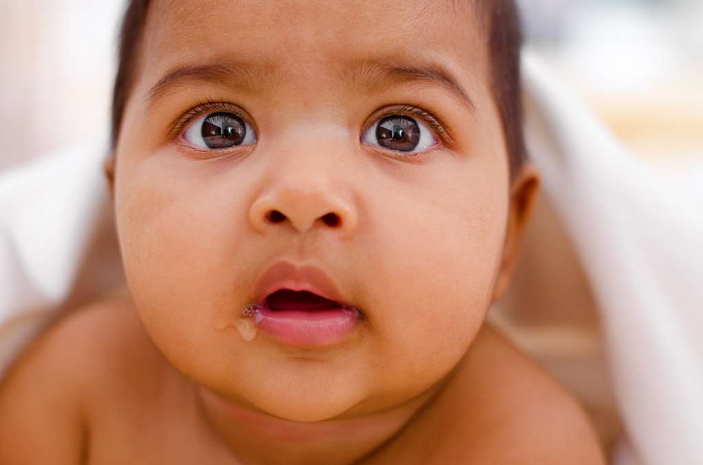 Curious Indian baby girl drooling and looking at camera